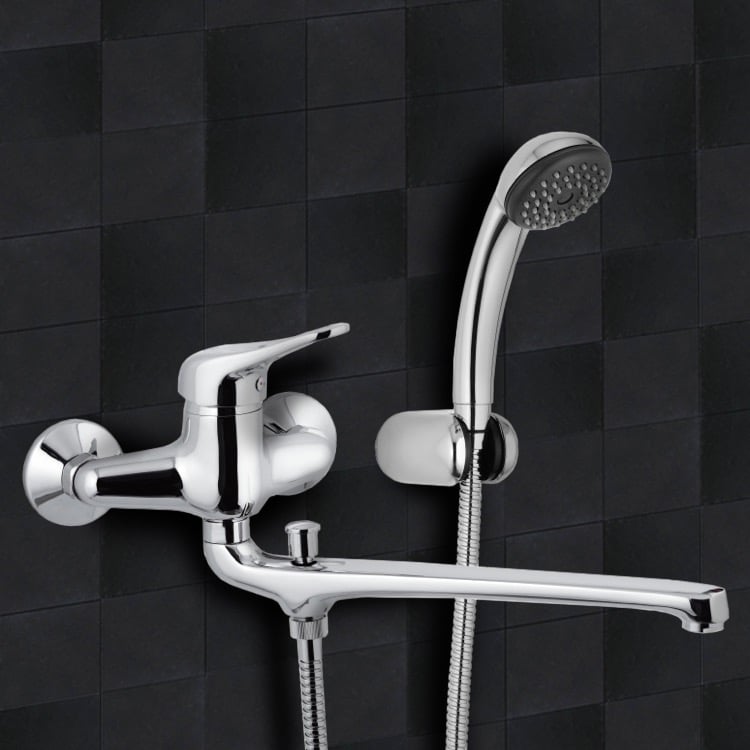 Tub Filler, Remer K49, Chrome Wall Mount Tub Faucet with Long Swivel Spout and Hand Shower